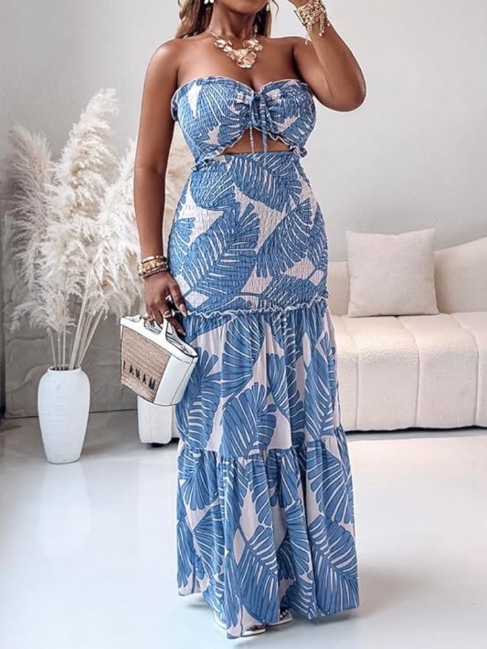 Floral Printed Vacation Dress Halter Tie Ruched Shirred Bandeau Party Dress Sli